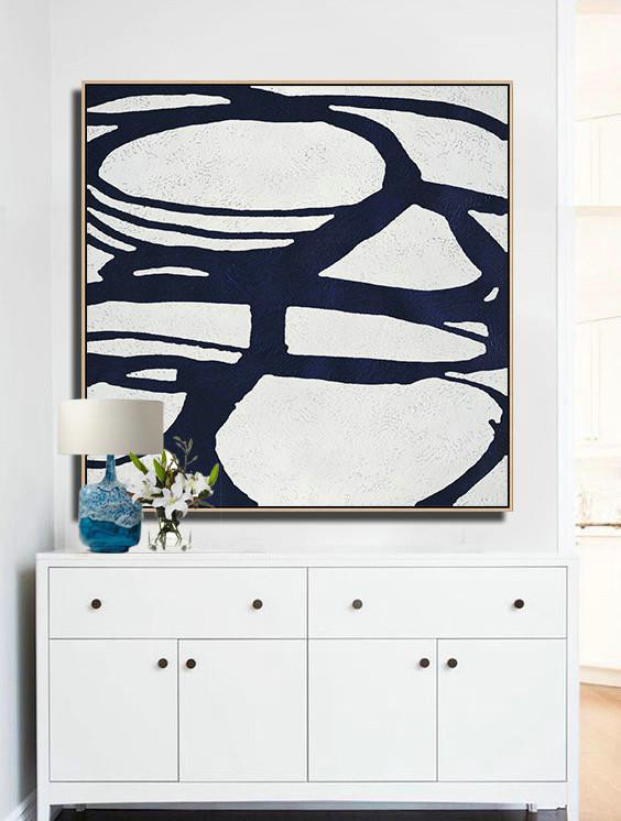 Extra Large Acrylic Painting On Canvas,Hand Painted Navy Minimalist Painting On Canvas,Acrylic Painting Wall Art